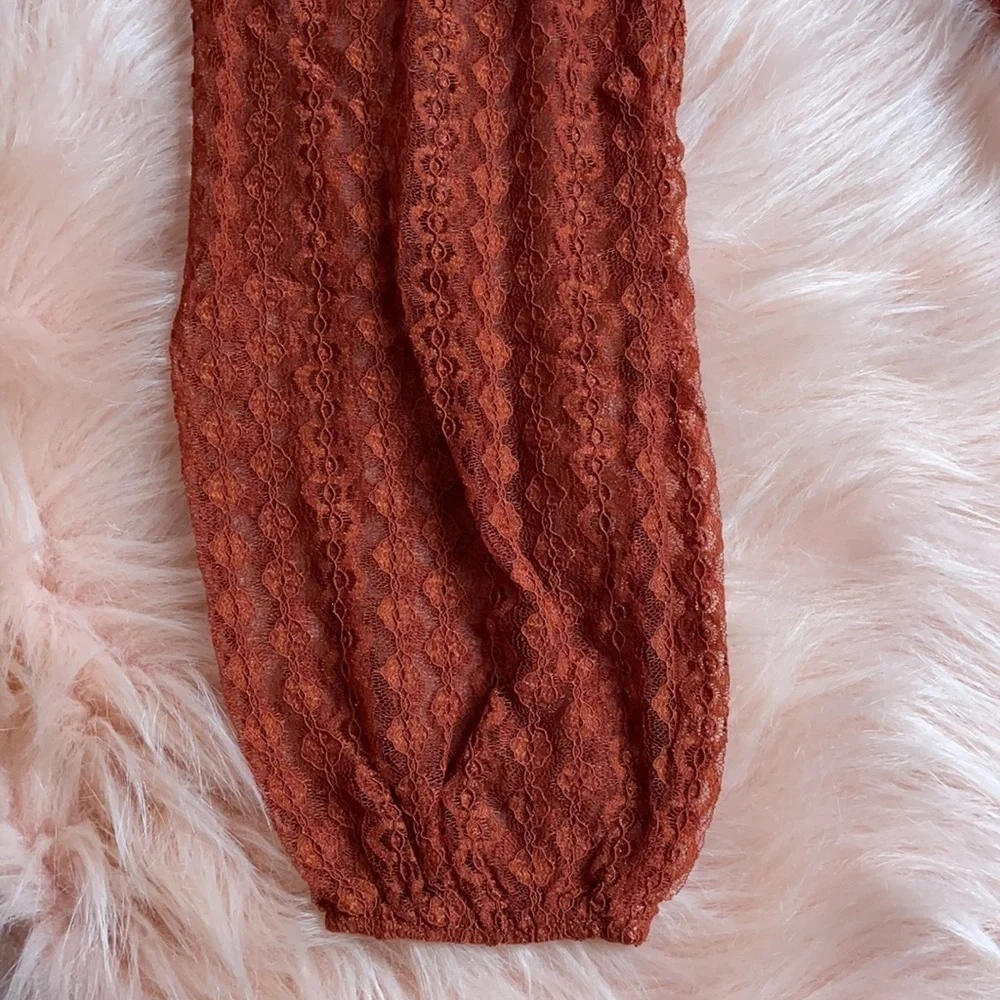 New Trendy Brick Color Sheer Crochet Mock Neck Long Sleeve Blouse